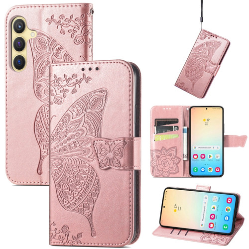 Samsung Galaxy S24+ 5G Butterfly Love Flower Embossed Leather Phone Case - Rose Gold