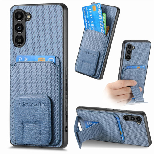 Samsung Galaxy S24+ 5G Carbon Fiber Card Bag Fold Stand Phone Case - Blue