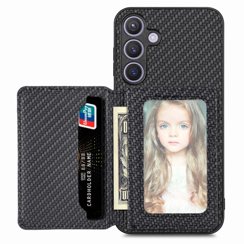 Samsung Galaxy S24+ 5G Carbon Fiber Magnetic Card Wallet RFID Blocking Phone Case - Black