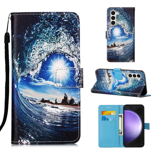 Samsung Galaxy S24+ 5G Colored Drawing Pattern Plain Weave Leather Phone Case - Waves And Sun