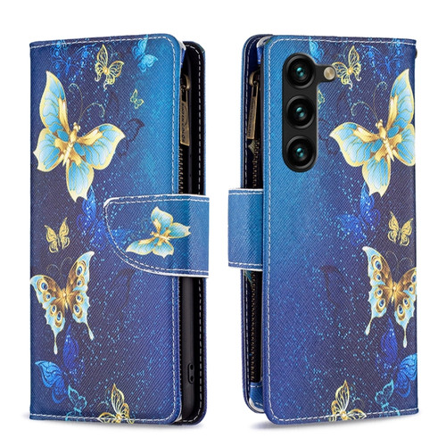 Samsung Galaxy S24+ 5G Colored Drawing Pattern Zipper Leather Phone Case - Gold Butterfly