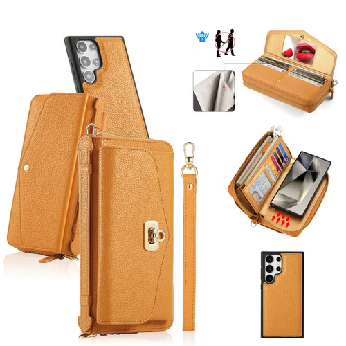 Samsung Galaxy S24+ 5G Crossbody Multi-functional Zipper Wallet Litchi Leather Phone Case - Orange