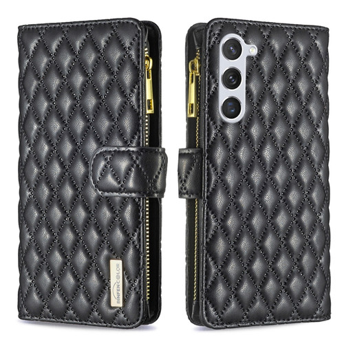 Samsung Galaxy S24+ 5G Diamond Lattice Zipper Wallet Leather Flip Phone Case - Black