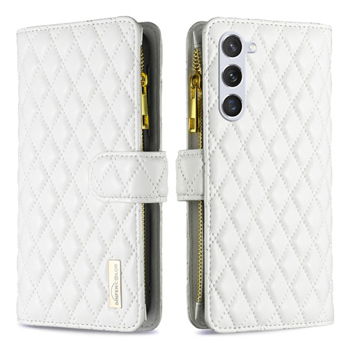 Samsung Galaxy S24+ 5G Diamond Lattice Zipper Wallet Leather Flip Phone Case - White