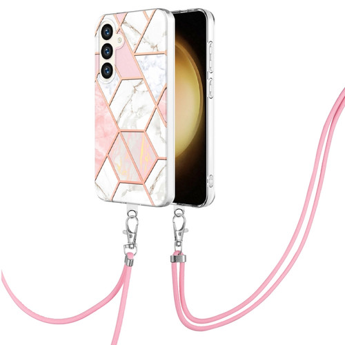 Samsung Galaxy S24+ 5G Electroplating IMD Splicing Dual-side Marble TPU Phone Case with Lanyard - Pink White