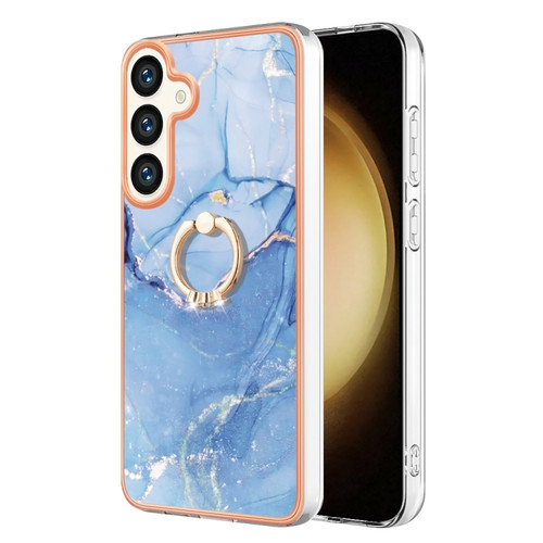 Samsung Galaxy S24+ 5G Electroplating Marble Dual-side IMD Phone Case with Ring - Blue 018