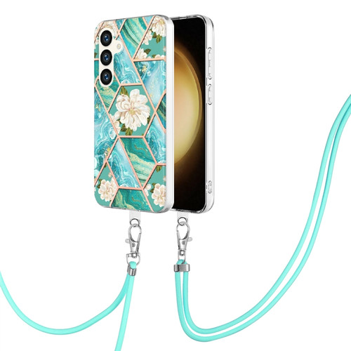 Samsung Galaxy S24+ 5G Electroplating Splicing Marble Flower IMD TPU Phone Case with Lanyard - Blue Flower