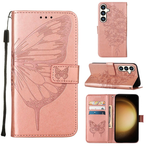 Samsung Galaxy S24+ 5G Embossed Butterfly Leather Phone Case - Rose Gold