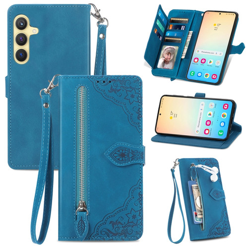 Samsung Galaxy S24+ 5G Embossed Flower Zipper Leather Phone Case - Blue