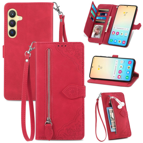 Samsung Galaxy S24+ 5G Embossed Flower Zipper Leather Phone Case - Red