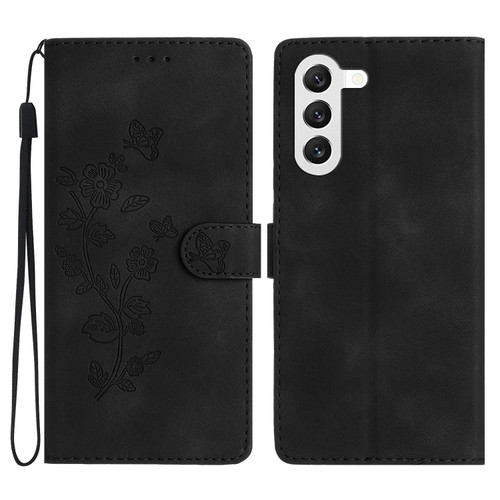 Samsung Galaxy S24+ 5G Flower Butterfly Embossing Pattern Leather Phone Case - Black