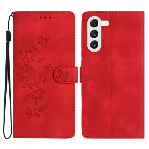 Samsung Galaxy S24+ 5G Flower Butterfly Embossing Pattern Leather Phone Case - Red