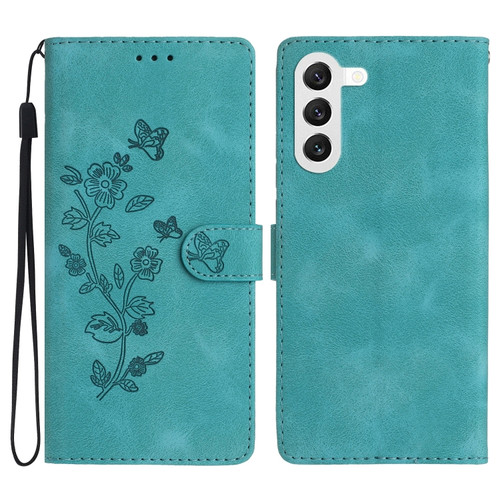 Samsung Galaxy S24+ 5G Flower Butterfly Embossing Pattern Leather Phone Case - Sky Blue