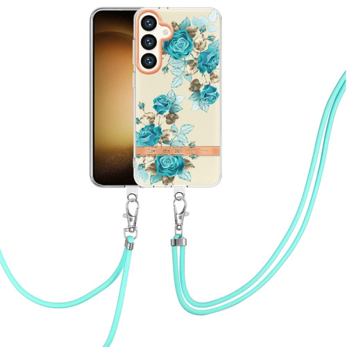 Samsung Galaxy S24+ 5G Flowers and Plants Series IMD TPU Phone Case with Lanyard - Blue Rose