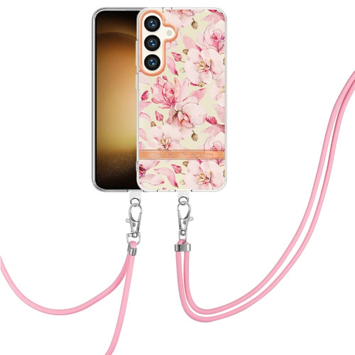 Samsung Galaxy S24+ 5G Flowers and Plants Series IMD TPU Phone Case with Lanyard - Pink Gardenia