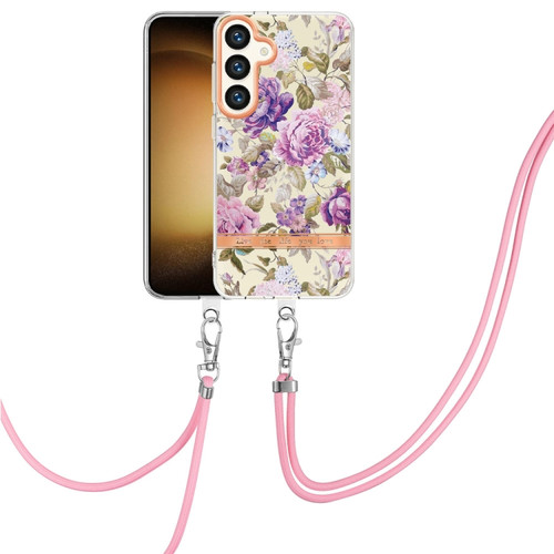 Samsung Galaxy S24+ 5G Flowers and Plants Series IMD TPU Phone Case with Lanyard - Purple Peony