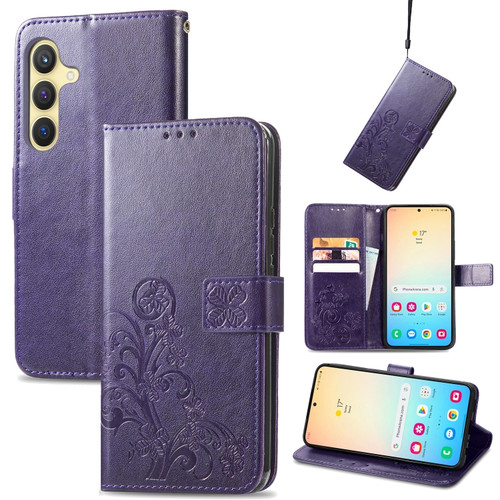 Samsung Galaxy S24+ 5G Four-leaf Clasp Embossed Buckle Leather Phone Case - Purple