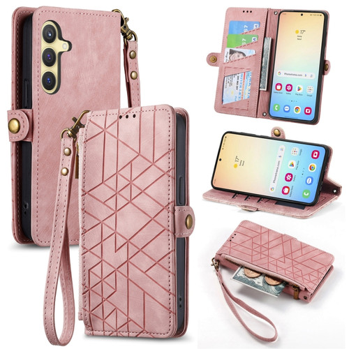 Samsung Galaxy S24+ 5G Geometric Zipper Wallet Side Buckle Leather Phone Case - Pink