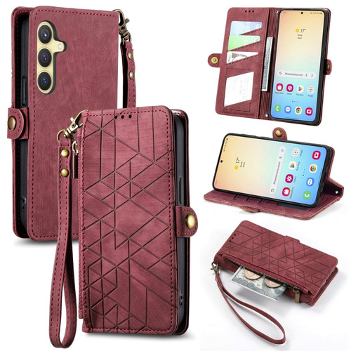 Samsung Galaxy S24+ 5G Geometric Zipper Wallet Side Buckle Leather Phone Case - Red