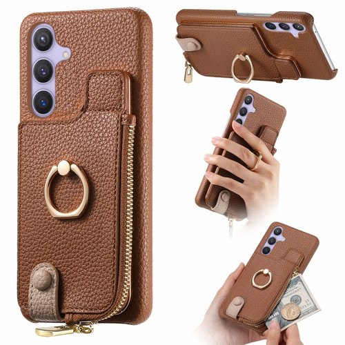 Samsung Galaxy S24+ 5G Litchi Leather Oil Edge Ring Zipper Wallet Back Phone Case - Brown