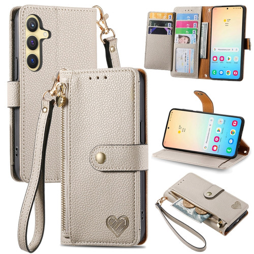 Samsung Galaxy S24+ 5G Love Zipper Lanyard Leather Phone Case - Gray