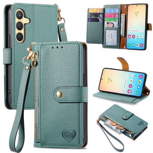 Samsung Galaxy S24+ 5G Love Zipper Lanyard Leather Phone Case - Green