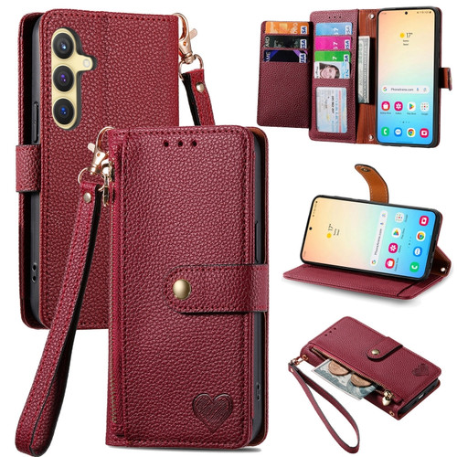 Samsung Galaxy S24+ 5G Love Zipper Lanyard Leather Phone Case - Red