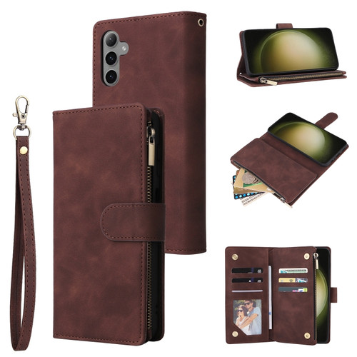 Samsung Galaxy S24+ 5G Multifunctional Frosted Zipper Wallet Leather Phone Case - Coffee