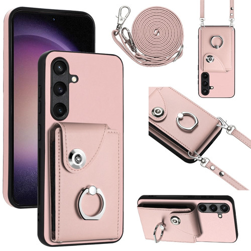 Samsung Galaxy S24+ 5G Organ Card Bag Ring Holder Phone Case with Long Lanyard - Pink