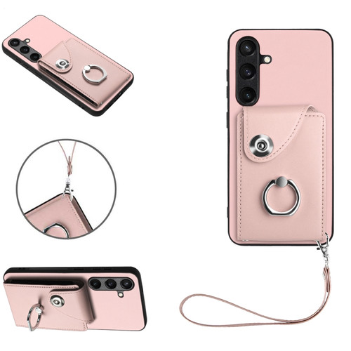 Samsung Galaxy S24+ 5G Organ Card Bag Ring Holder PU Phone Case with Lanyard - Pink