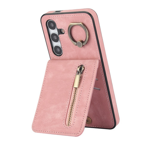 Samsung Galaxy S24+ 5G Retro Ring and Zipper RFID Card Slot Phone Case - Pink