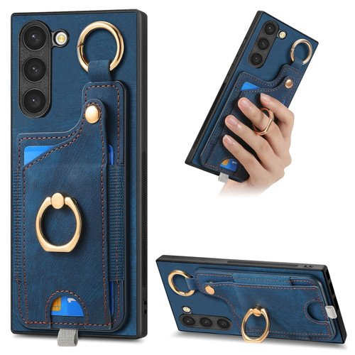 Samsung Galaxy S24+ 5G Retro Skin-feel Ring Card Bag Phone Case with Hang Loop - Blue