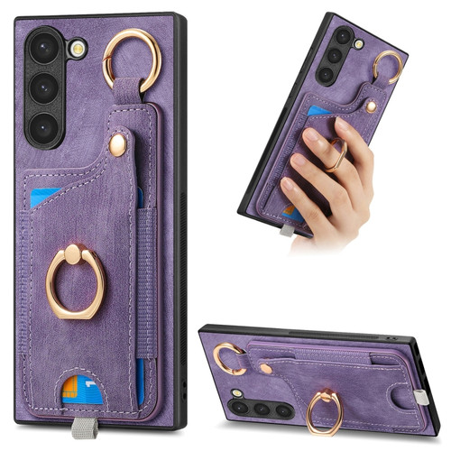 Samsung Galaxy S24+ 5G Retro Skin-feel Ring Card Bag Phone Case with Hang Loop - Purple