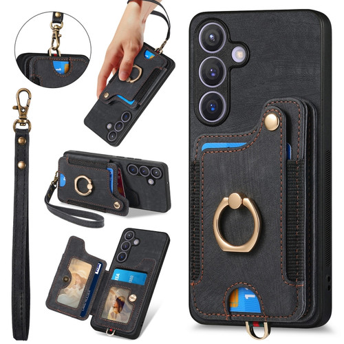 Samsung Galaxy S24+ 5G Retro Skin-feel Ring Multi-card Wallet Phone Case - Black