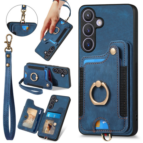 Samsung Galaxy S24+ 5G Retro Skin-feel Ring Multi-card Wallet Phone Case - Blue