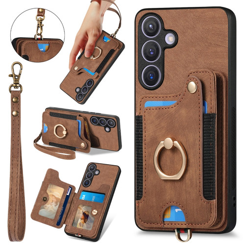 Samsung Galaxy S24+ 5G Retro Skin-feel Ring Multi-card Wallet Phone Case - Brown