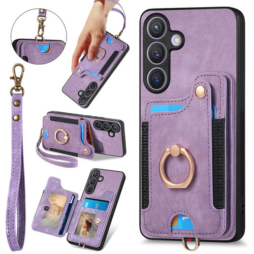 Samsung Galaxy S24+ 5G Retro Skin-feel Ring Multi-card Wallet Phone Case - Purple