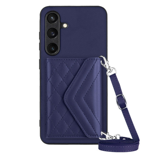 Samsung Galaxy S24+ 5G Rhombic Texture Card Bag RFID Phone Case with Long Lanyard - Dark Purple
