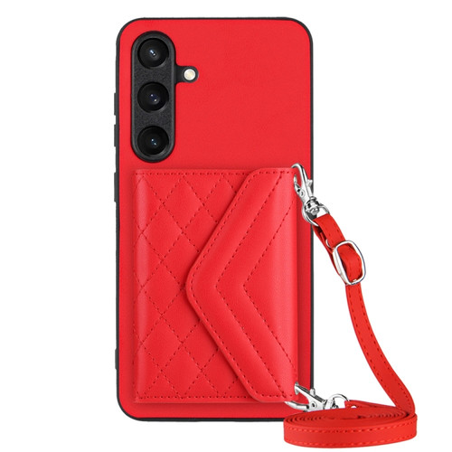 Samsung Galaxy S24+ 5G Rhombic Texture Card Bag RFID Phone Case with Long Lanyard - Red