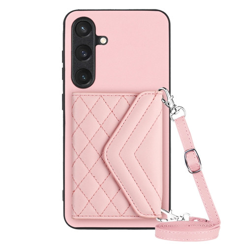 Samsung Galaxy S24+ 5G Rhombic Texture Card Bag RFID Phone Case with Long Lanyard - Rose Gold