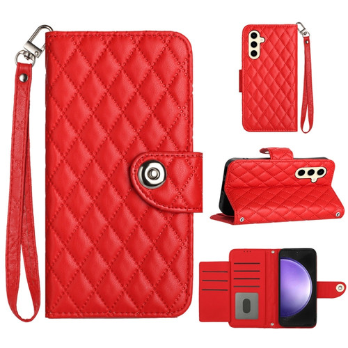 Samsung Galaxy S24+ 5G Rhombic Texture Flip Leather Phone Case with Lanyard - Red