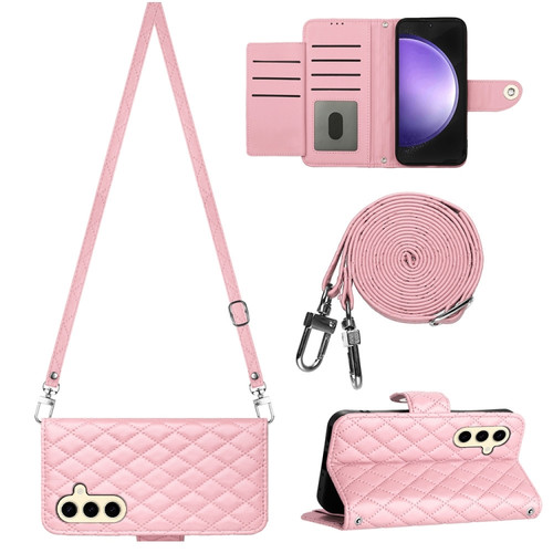 Samsung Galaxy S24+ 5G Rhombic Texture Flip Leather Phone Case with Long Lanyard - Pink