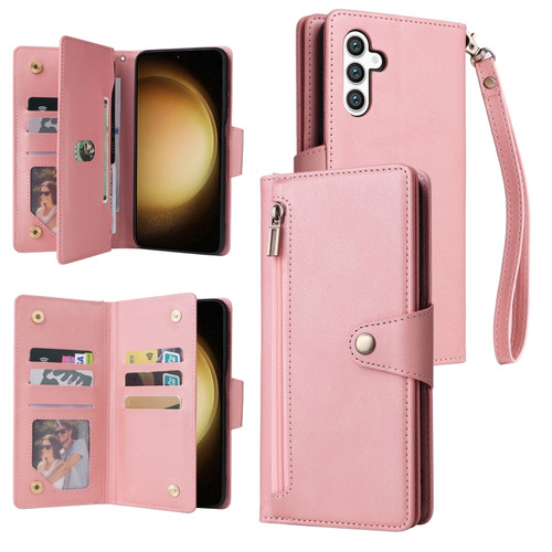Samsung Galaxy S24+ 5G Rivet Buckle 9 Cards 3-Fold Wallet Leather Phone Case - Rose Gold