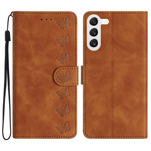 Samsung Galaxy S24+ 5G Seven Butterflies Embossed Leather Phone Case - Brown