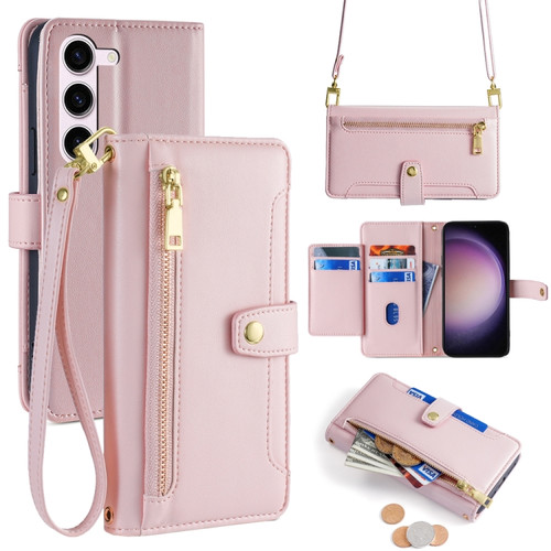 Samsung Galaxy S24+ 5G Sheep Texture Cross-body Zipper Wallet Leather Phone Case - Pink