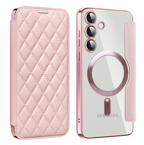 Samsung Galaxy S24+ 5G Shield Magsafe RFID Anti-theft Rhombus Leather Phone Case - Pink