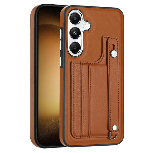Samsung Galaxy S24+ 5G Shockproof Leather Phone Case with Wrist Strap - Brown