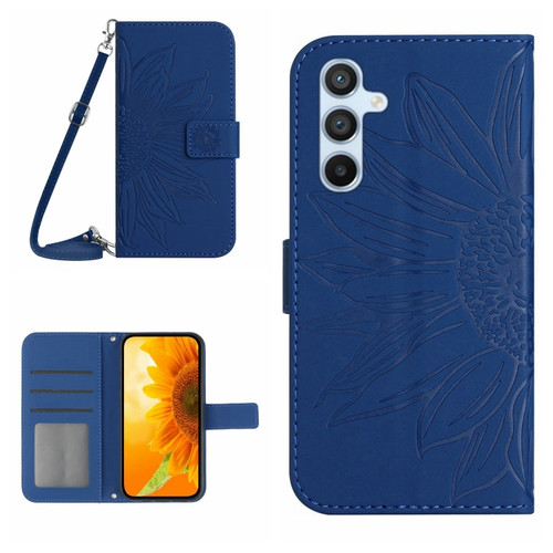 Samsung Galaxy S24+ 5G Skin Feel Sun Flower Embossed Flip Leather Phone Case with Lanyard - Dark Blue