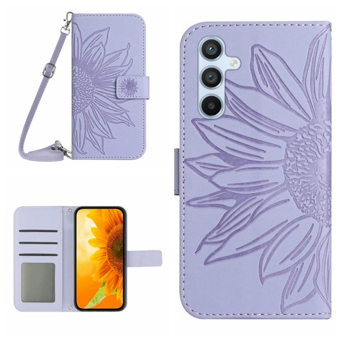 Samsung Galaxy S24+ 5G Skin Feel Sun Flower Embossed Flip Leather Phone Case with Lanyard - Purple