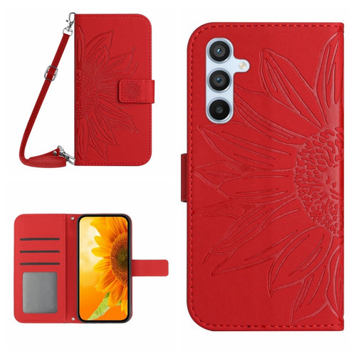 Samsung Galaxy S24+ 5G Skin Feel Sun Flower Embossed Flip Leather Phone Case with Lanyard - Red